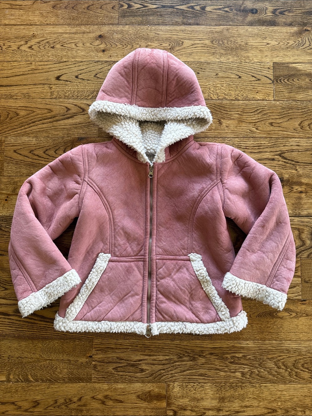Outer Edge Girls Pink Faux Suede Sherpa Lined Hooded Winter Jacket Coat Size 5